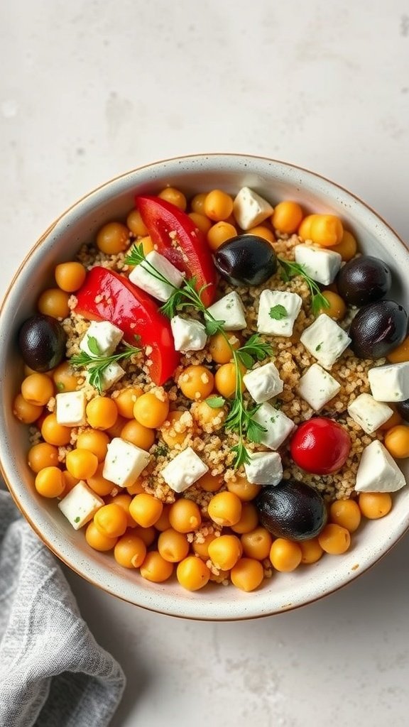 A colorful Mediterranean Chickpea Bowl featuring couscous, chickpeas, cherry tomatoes, olives, and feta cheese.
