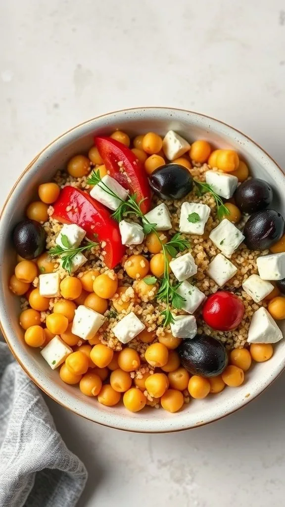 A colorful Mediterranean Chickpea Bowl featuring couscous, chickpeas, cherry tomatoes, olives, and feta cheese.
