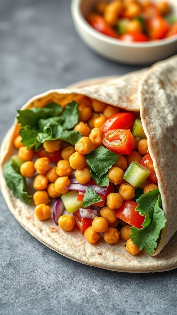 A Mediterranean Chickpea Wrap filled with chickpeas, tomatoes, cucumbers, onions, and greens, with a small bowl of chopped veggies in the background.