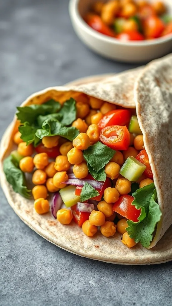 A Mediterranean Chickpea Wrap filled with chickpeas, tomatoes, cucumbers, onions, and greens, with a small bowl of chopped veggies in the background.