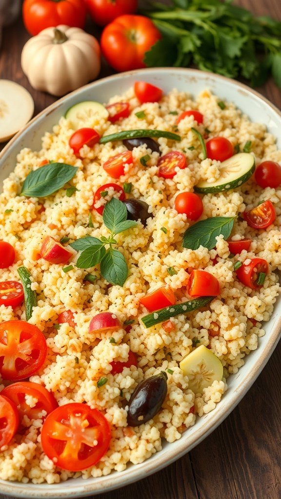 A vibrant Mediterranean couscous salad with cherry tomatoes, cucumbers, olives, and fresh herbs.