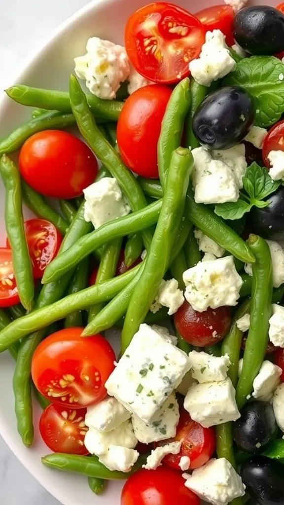 A colorful Mediterranean green bean salad with green beans, cherry tomatoes, black olives, and feta cheese.