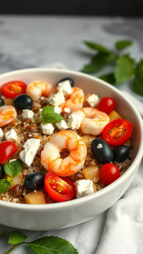 A colorful Mediterranean Shrimp Quinoa Bowl featuring shrimp, cherry tomatoes, black olives, and feta cheese on a bed of quinoa, garnished with fresh mint leaves.