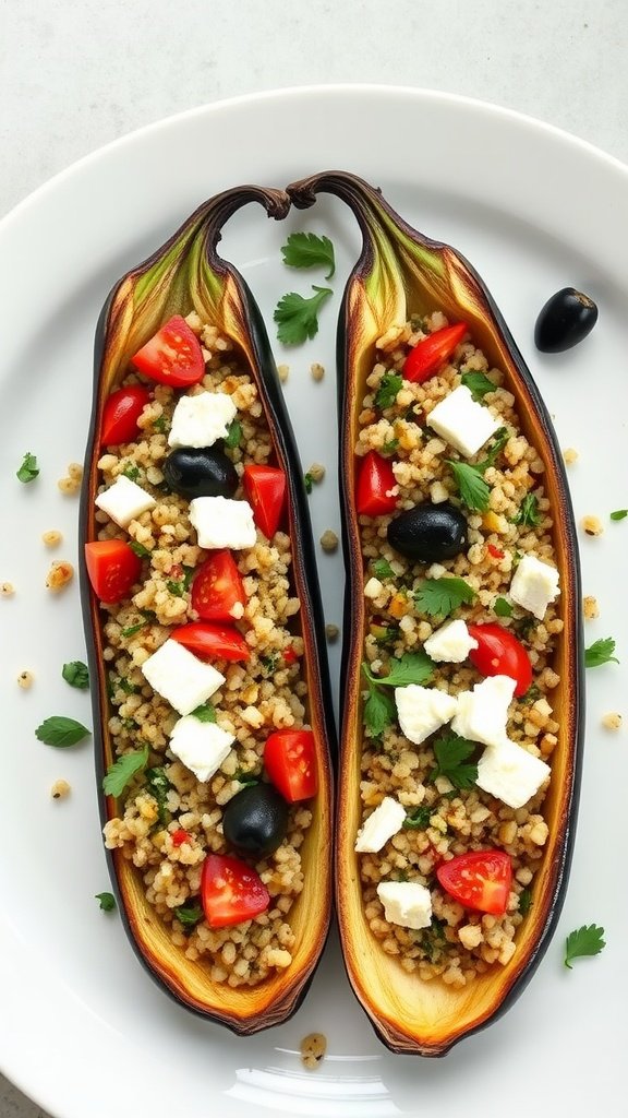 Two Mediterranean stuffed eggplants filled with grains, tomatoes, olives, and feta on a white plate.