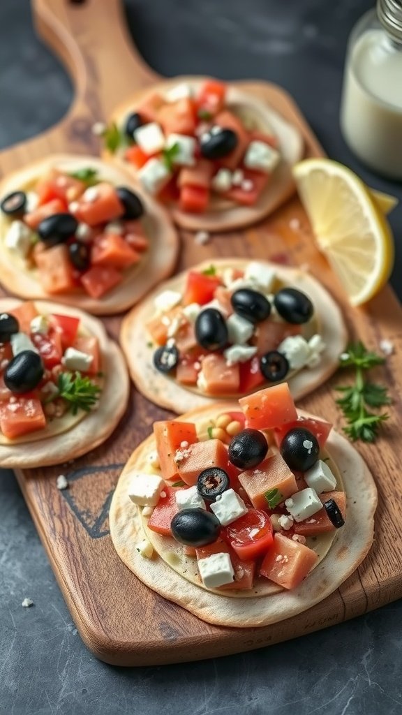 Mediterranean tuna flatbreads with tomatoes, olives, and feta on a wooden board