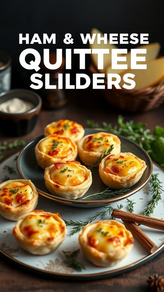 A platter of mini ham and cheese quiche sliders with a sprinkle of herbs on top