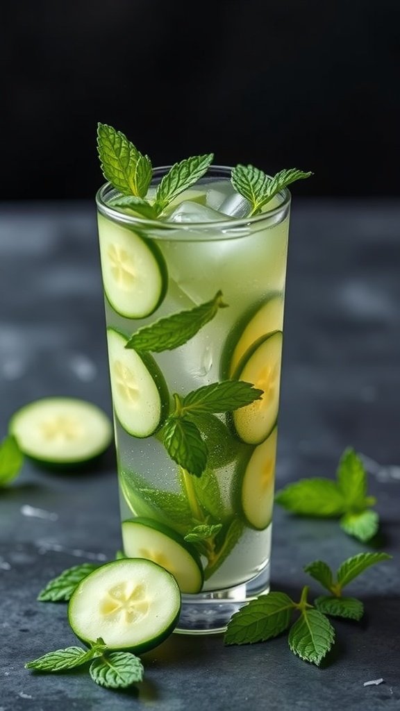 A refreshing Minted Cucumber Cooler in a glass with cucumber slices and mint leaves