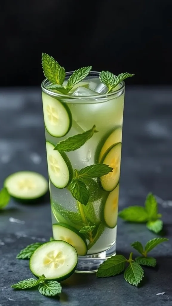 A refreshing Minted Cucumber Cooler in a glass with cucumber slices and mint leaves
