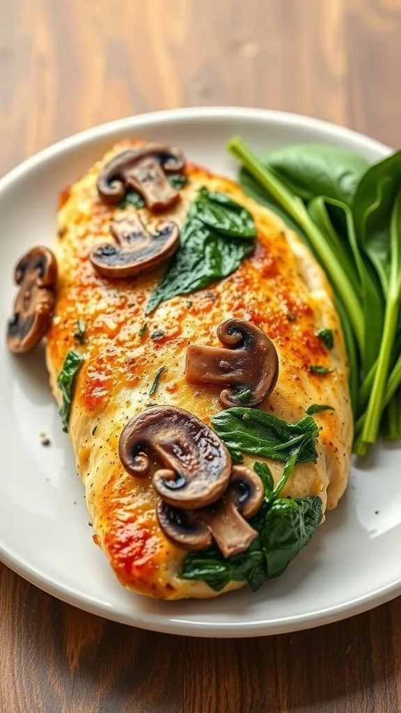 A plate of Mushroom and Spinach Stuffed Chicken with mushrooms and spinach on top.