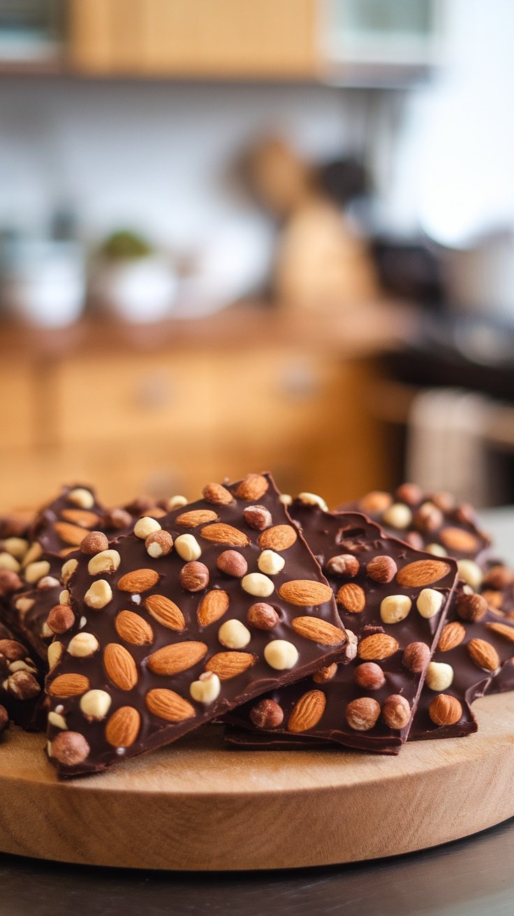 A close-up of nutty almond and hazelnut chocolate bark topped with almonds and hazelnuts on a wooden platter.