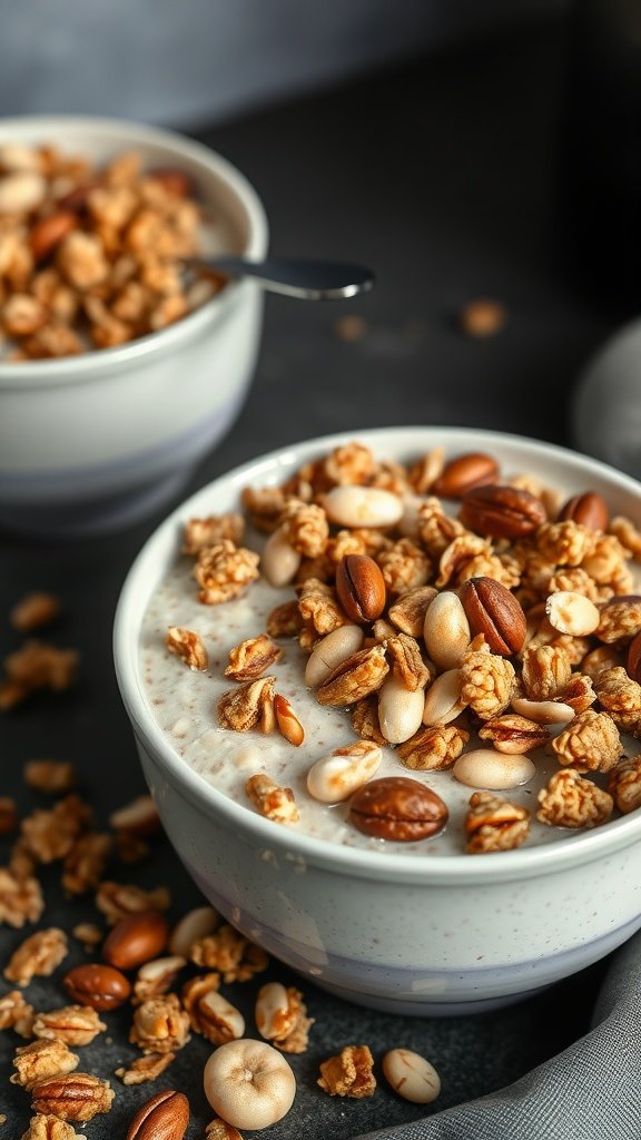 A bowl of overnight oats topped with granola and mixed nuts.