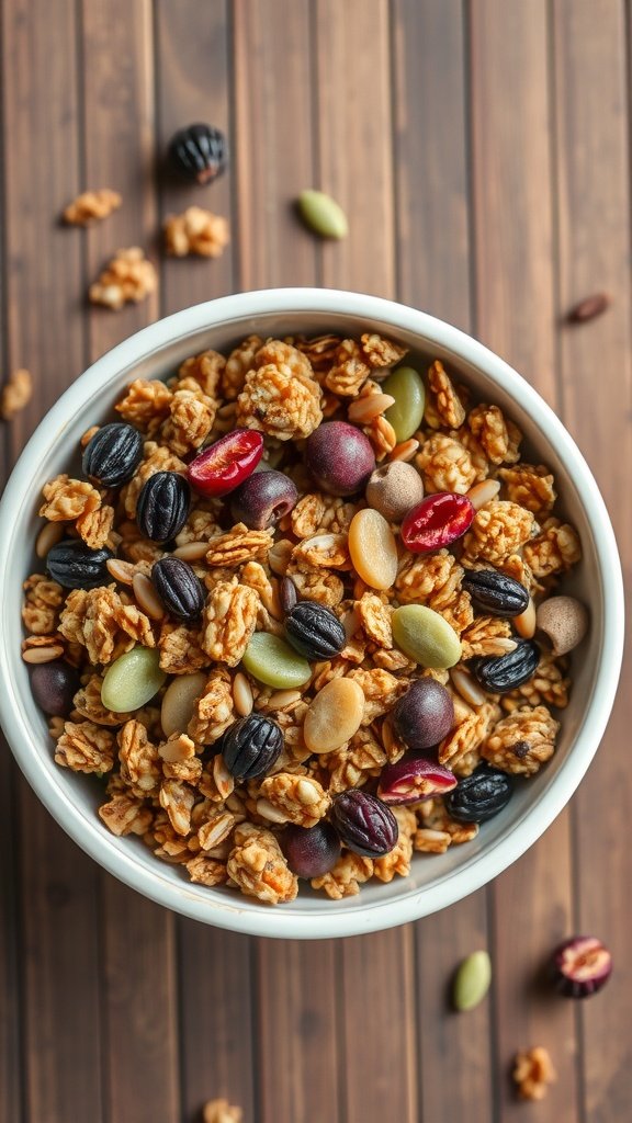 A bowl of nutty granola mixed with various dried fruits and seeds on a wooden surface.