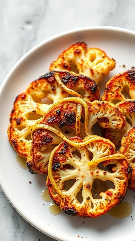 Oven-roasted cauliflower steaks on a white plate.