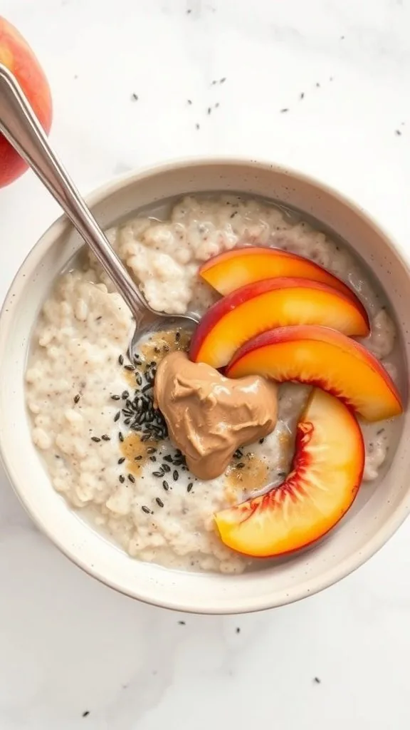 A bowl of peach and almond butter porridge topped with sliced peaches and almond butter