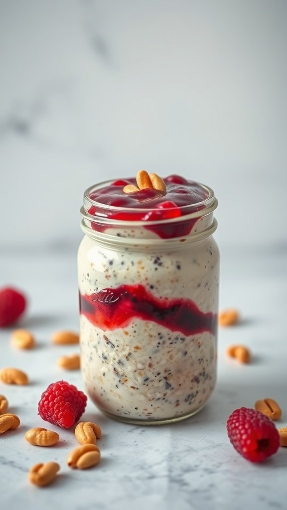 A jar of peanut butter and jelly overnight oats topped with peanuts and fresh raspberries.