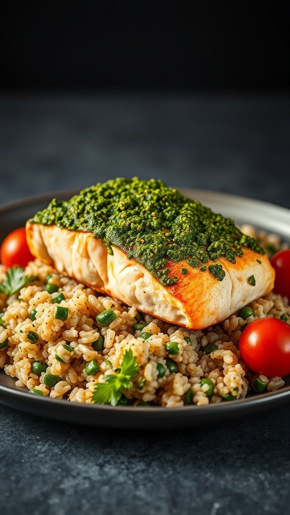 Pesto salmon served on a plate with quinoa and cherry tomatoes