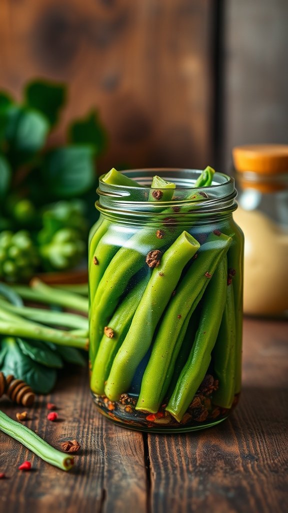 A jar of pickled green beans with spices, sitting on a wooden table with fresh green beans in the background