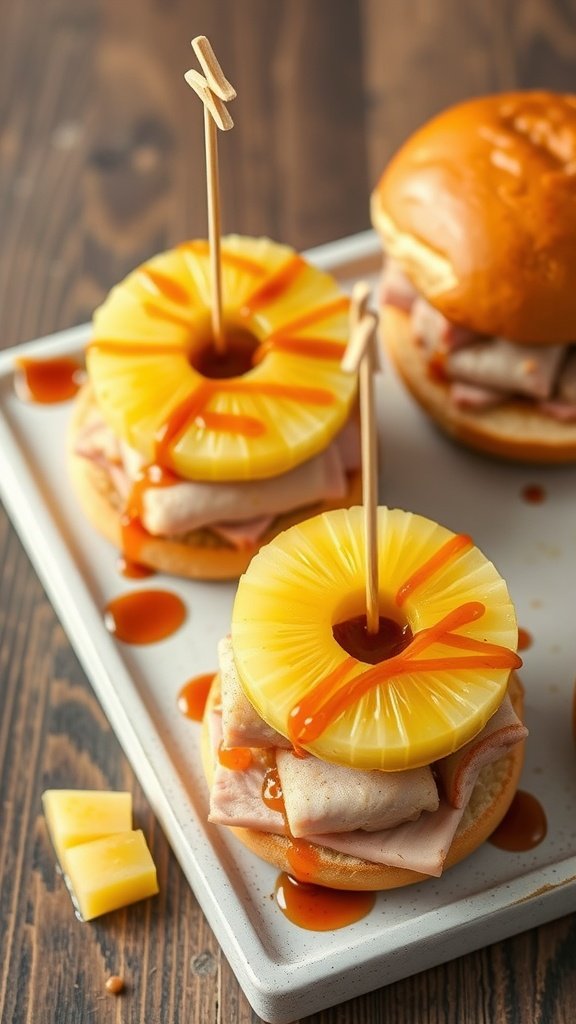 Pineapple and ham sliders with sauce on a plate