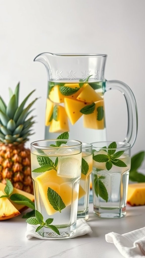 A pitcher of pineapple mint infused water with glasses, fresh pineapple, and mint leaves