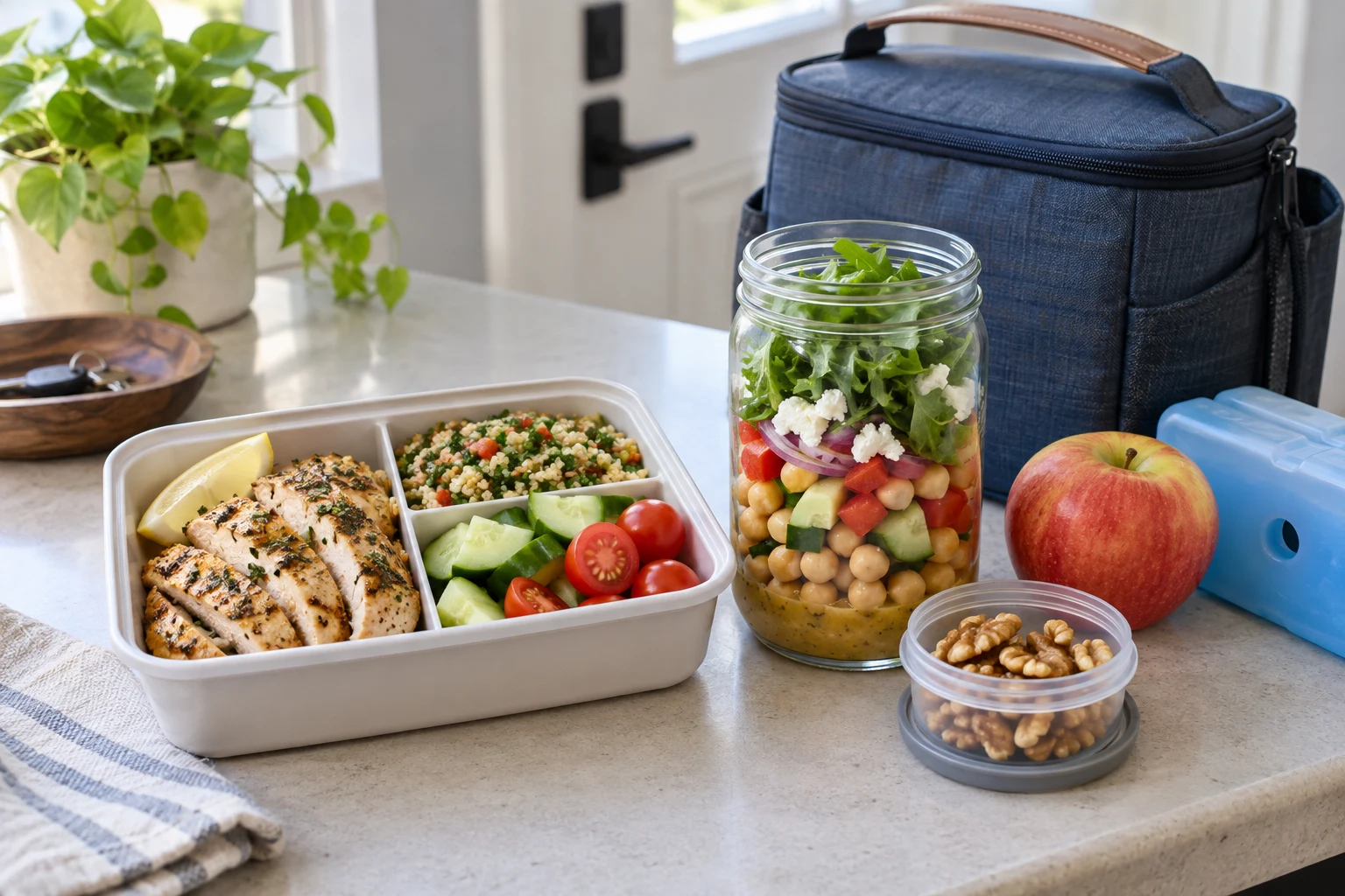 Portable Mediterranean lunches with lemon-herb chicken, grain salad, chickpea vegetable salad, fruit and walnuts