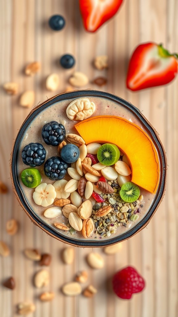 A bowl of smoothie topped with fruits, nuts, and seeds on a wooden surface