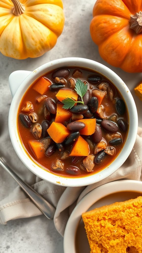 A bowl of pumpkin chili with black beans, garnished with herbs, beside pumpkins and cornbread.