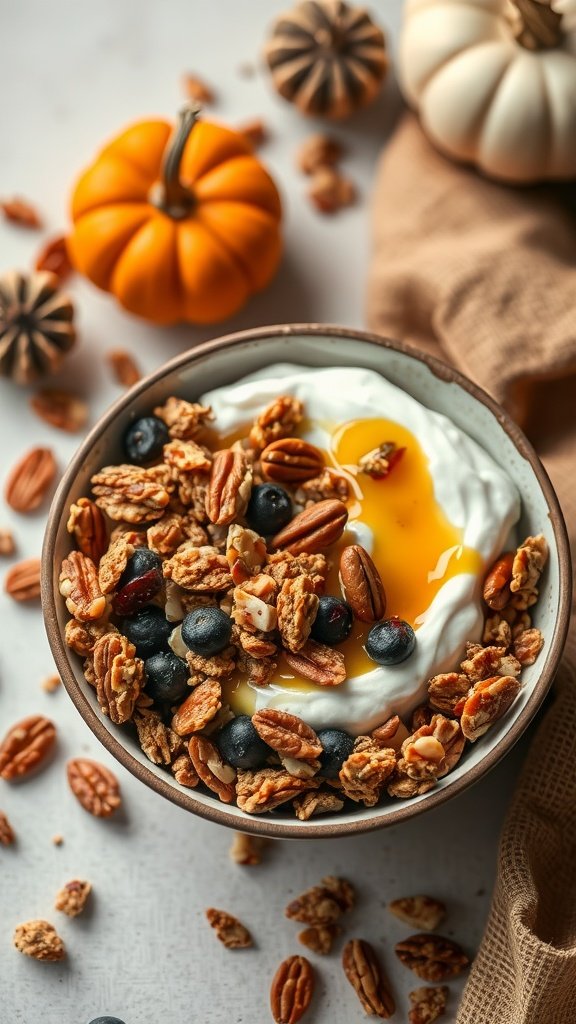 A bowl of pumpkin granola with nuts and berries, surrounded by mini pumpkins and a cozy cloth.