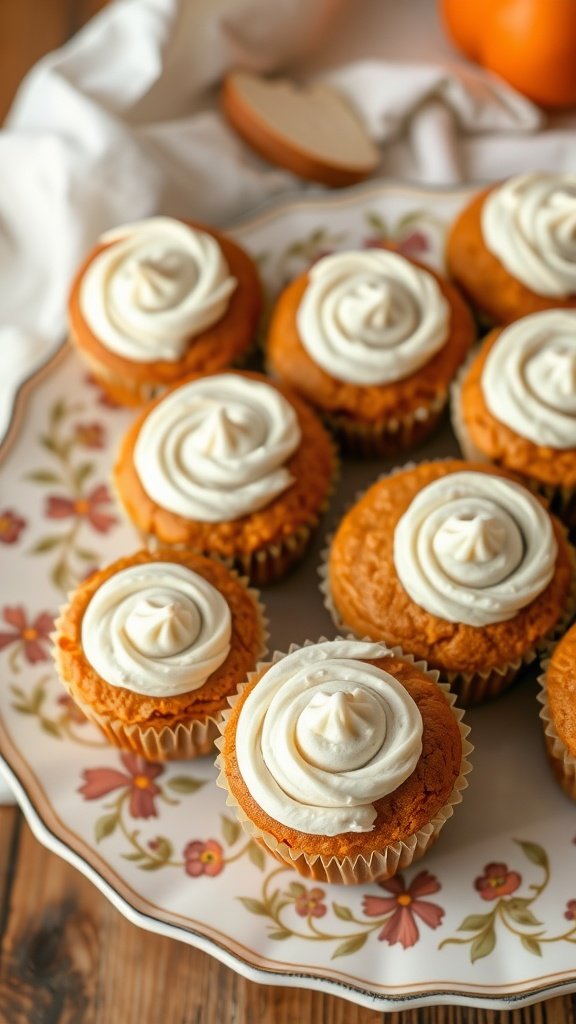 A plate of freshly baked pumpkin muffins with cream cheese swirl on top.