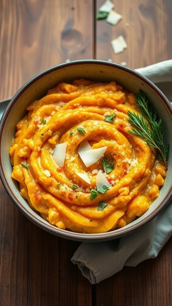 A bowl of creamy pumpkin risotto garnished with Parmesan and herbs on a wooden table