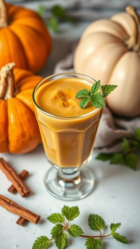 A glass of pumpkin smoothie with spices, surrounded by pumpkins and cinnamon sticks.