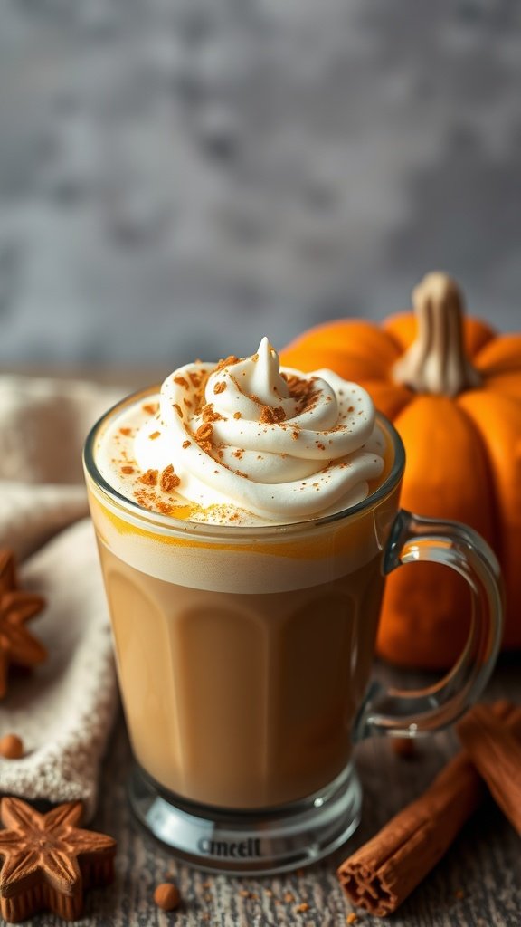 A delicious pumpkin spice latte topped with whipped cream and cinnamon, alongside a pumpkin and spices.
