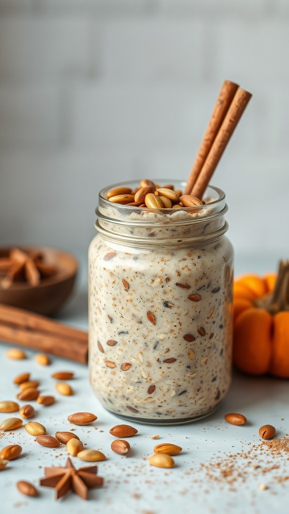 A jar of pumpkin spice overnight oats topped with nuts and cinnamon sticks, with a pumpkin in the background.