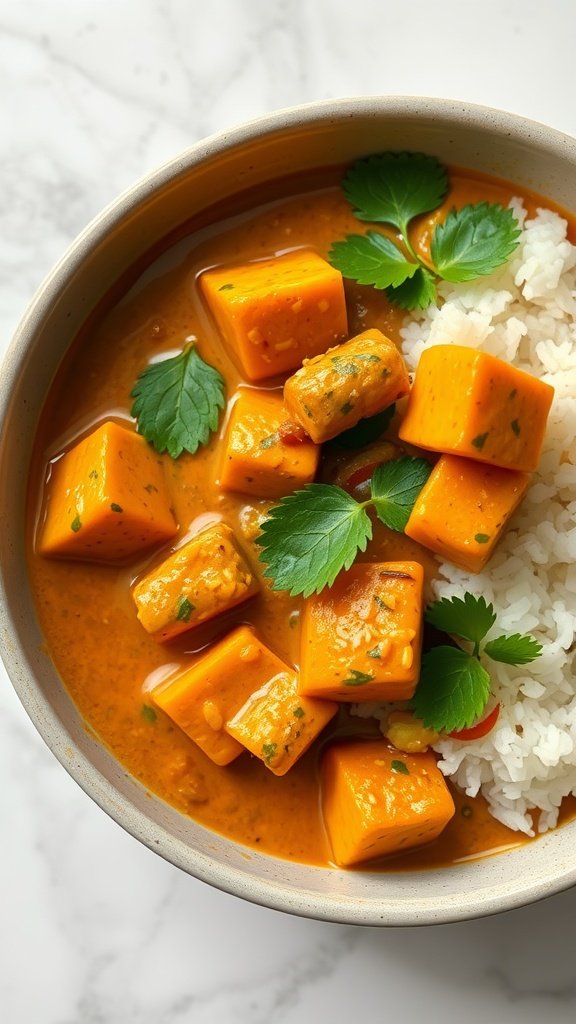 A bowl of pumpkin tofu curry with pieces of tofu and pumpkin in a rich orange sauce served with rice and garnished with cilantro.