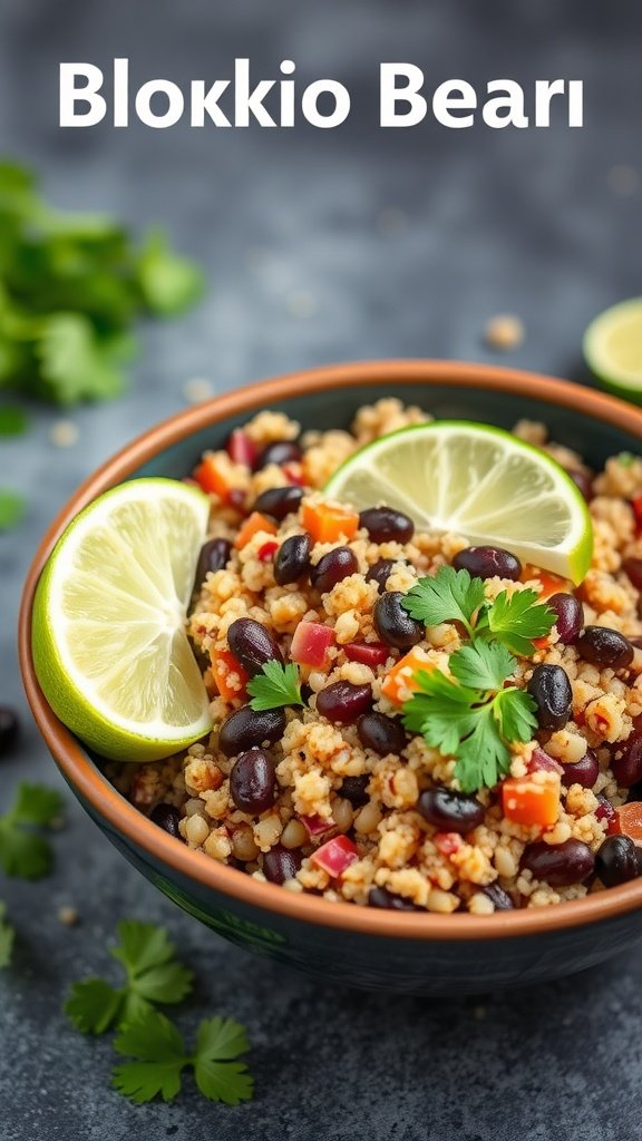 A bowl of quinoa and black bean salad with lime wedges and fresh cilantro.