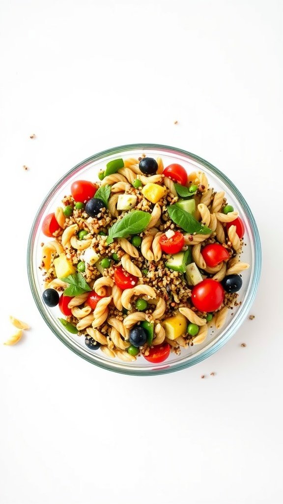 A colorful quinoa and pasta salad with vegetables in a glass bowl.