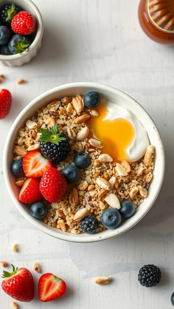 A quinoa breakfast bowl topped with strawberries, blueberries, blackberries, nuts, and a dollop of yogurt.