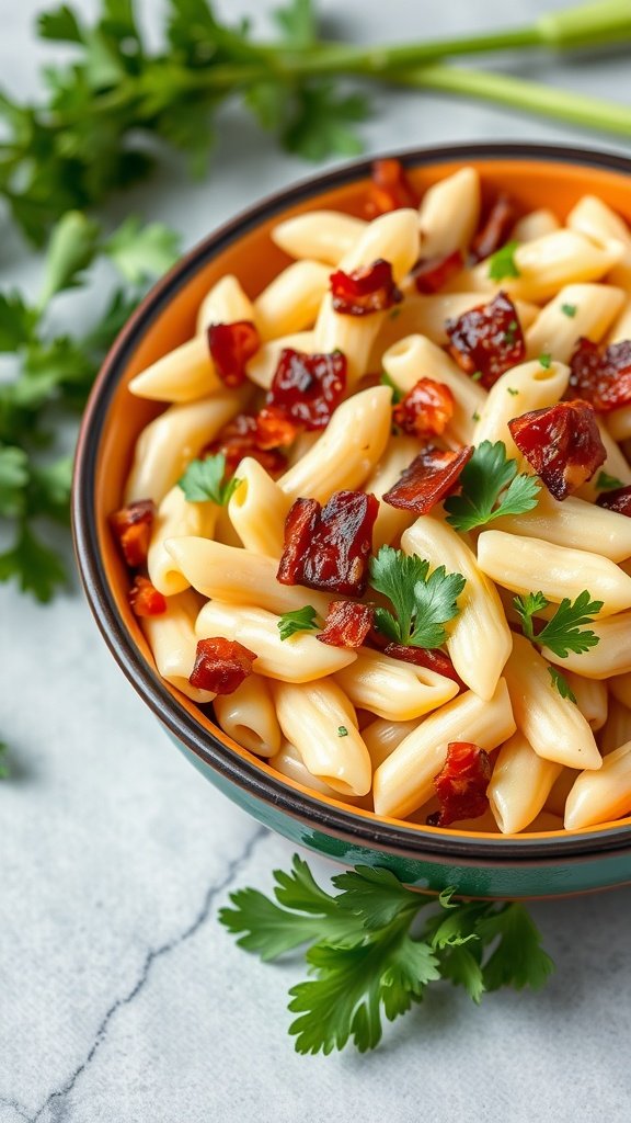 A bowl of Ranch Pasta Salad with crispy bacon and fresh parsley, showcasing creamy pasta.