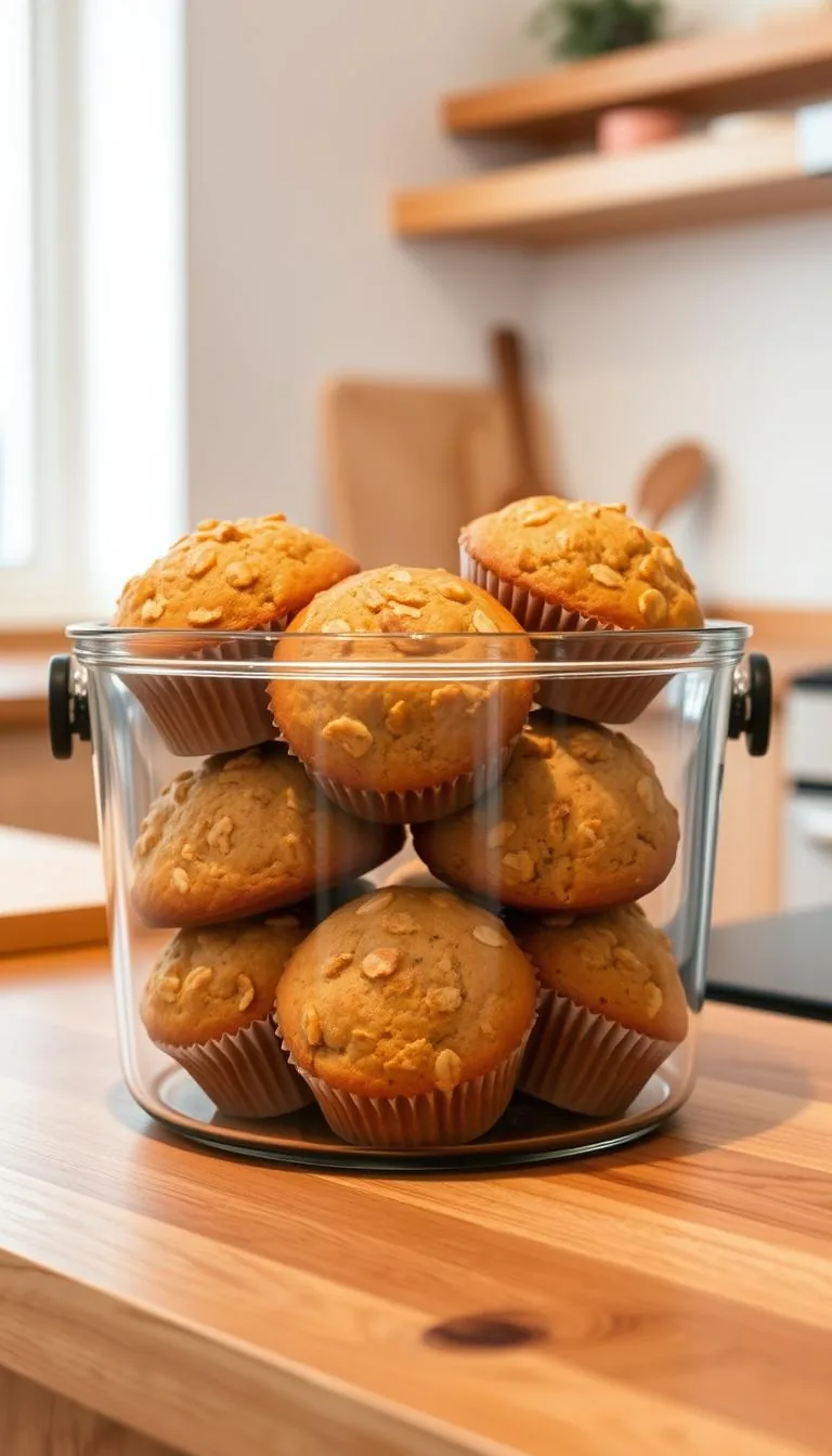 A glass airtight container sits on a wooden kitchen counter, filled with freshly baked banana oat muffins. The muffins are arranged neatly, their golden-brown tops glistening under the soft, warm lighting from above. The container's transparent walls allow a clear view of the muffins, showcasing their fluffy, moist texture. The kitchen's minimalist decor, with white walls and natural wood accents, creates a calming, inviting atmosphere, perfectly complementing the wholesome, homemade appeal of the stored muffins. The scene conveys a sense of careful food preparation and preservation, ready to be enjoyed as a healthy snack or part of a balanced meal.