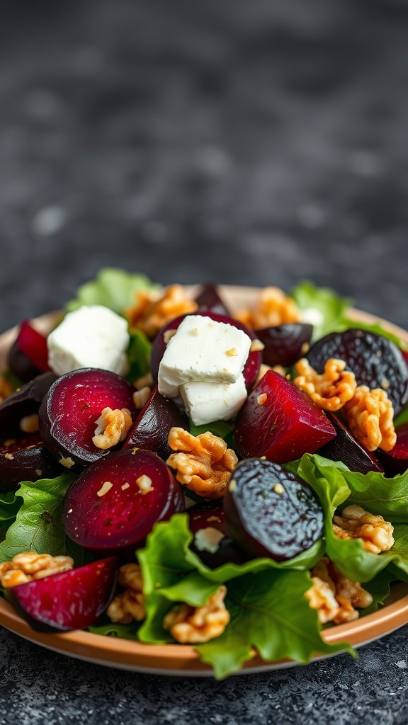 A close-up of a roasted beet and goat cheese salad with walnuts on a plate
