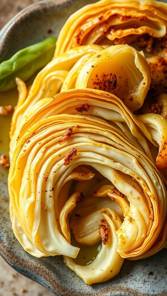 Plate of roasted cabbage wedges drizzled with olive oil and garnished.