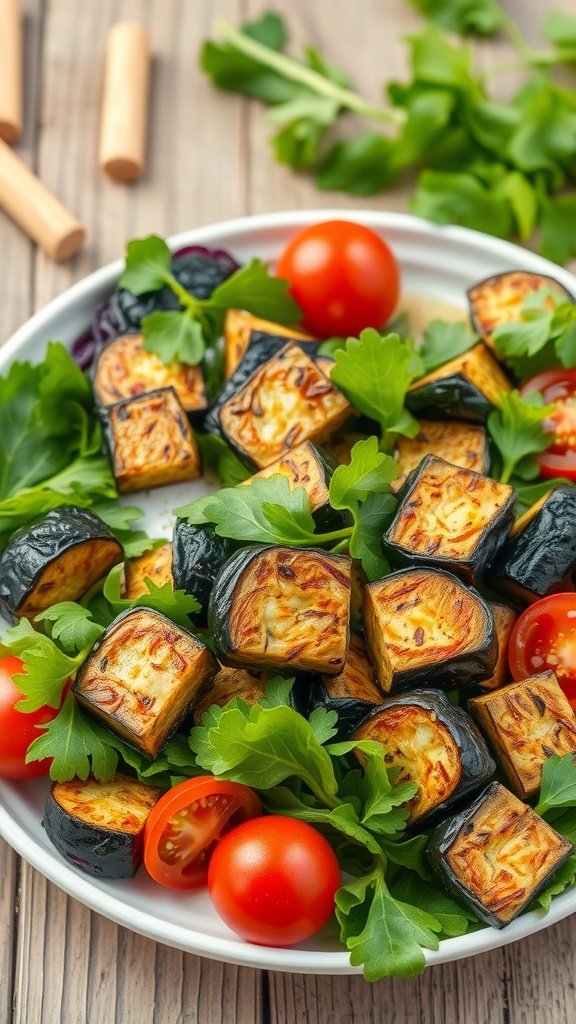 A plate of roasted eggplant cubes mixed with cherry tomatoes and parsley on a wooden table.
