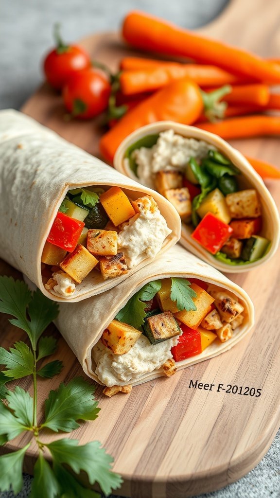 A close-up of a roasted vegetable and hummus wrap on a wooden board, surrounded by fresh carrots and tomatoes.