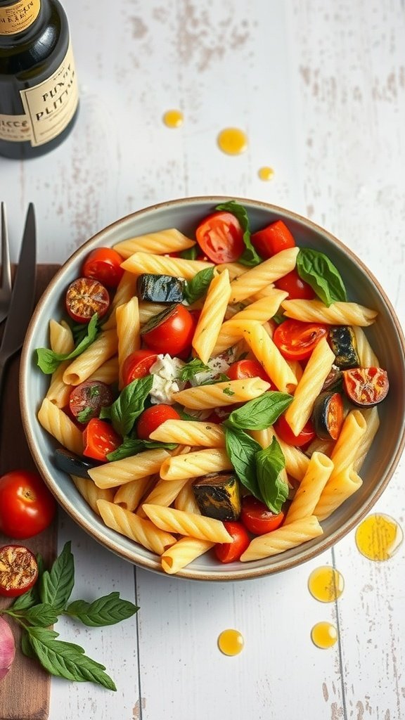 A bowl of roasted vegetable pasta salad with cherry tomatoes, basil, and grilled zucchini on a wooden table.