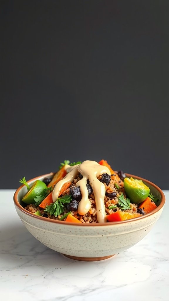 A delicious roasted vegetable quinoa bowl topped with tahini sauce and fresh herbs