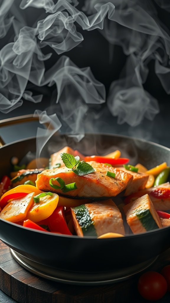 A colorful salmon and vegetable stir-fry with steam rising from the pan, showcasing salmon fillets and vibrant veggies.