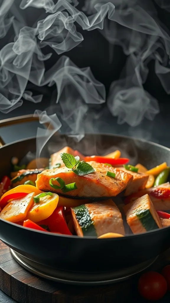 A colorful salmon and vegetable stir-fry with steam rising from the pan, showcasing salmon fillets and vibrant veggies.