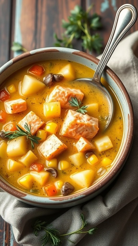 A bowl of salmon chowder with corn and potatoes, garnished with fresh herbs.