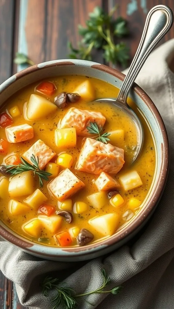 A bowl of salmon chowder with corn and potatoes, garnished with fresh herbs.