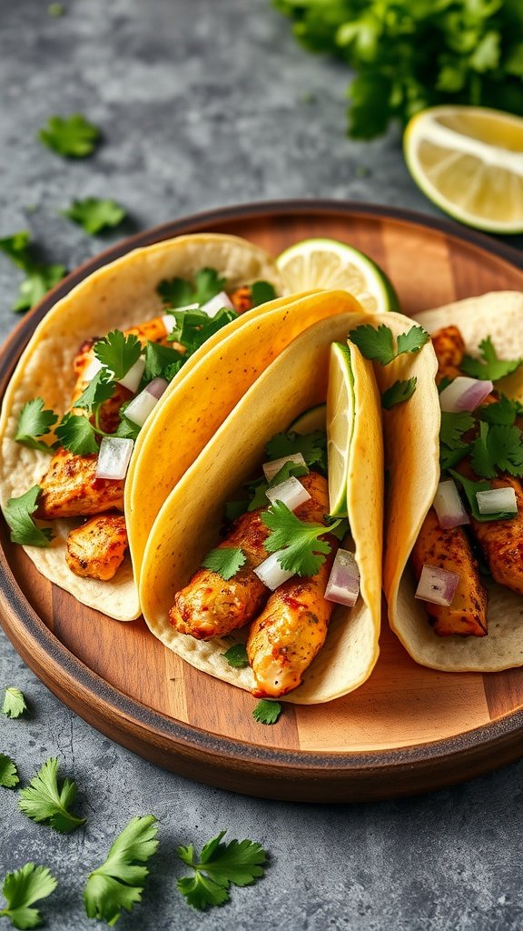 Three salsa verde chicken tacos with cilantro and onions on a wooden plate.