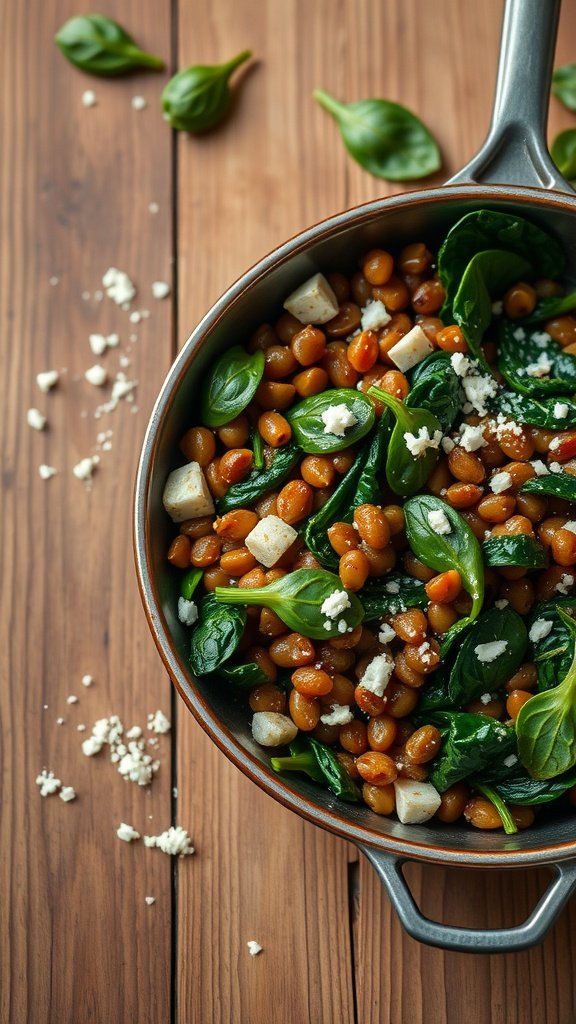 A pan of sautéed lentils with spinach and feta cheese on a wooden table
